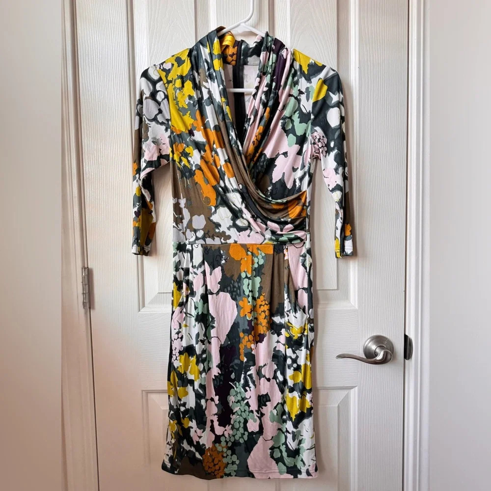 Catherine Malandrino Multicolor Floral 100% Silk Midi Dress Small Petite